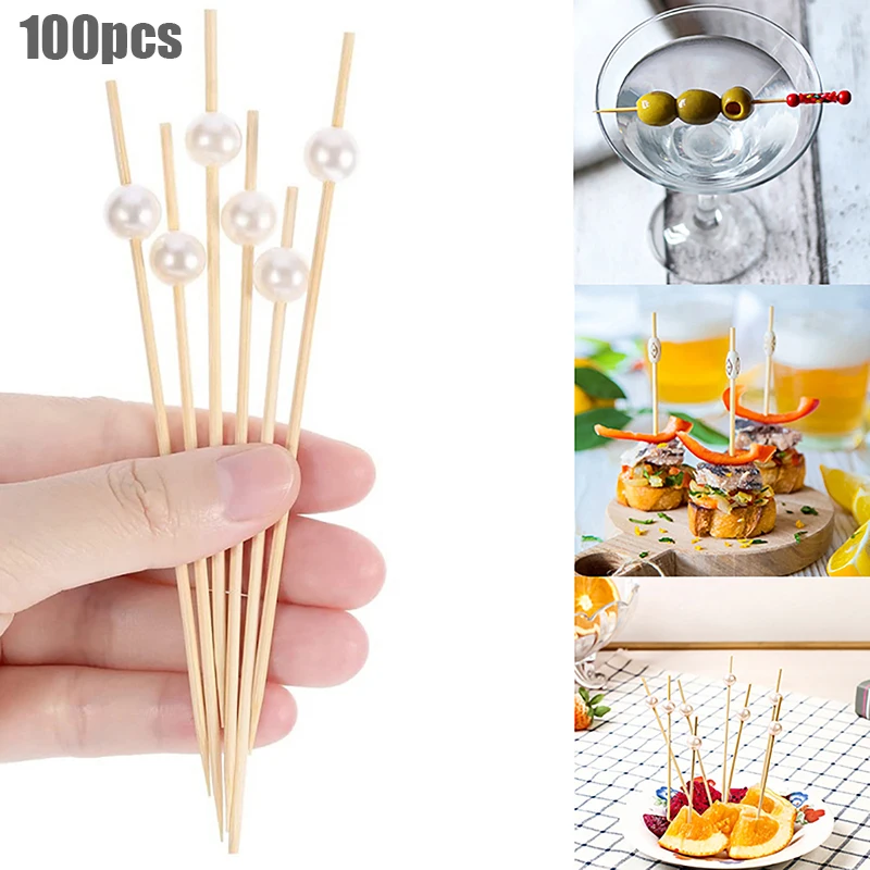 100 Pcs 12CM White Pearl Bamboo Food Fruit Picks Party Disposable Cake Dessert Cocktail Sticks Buffet Cupcake Toothpick Skewer