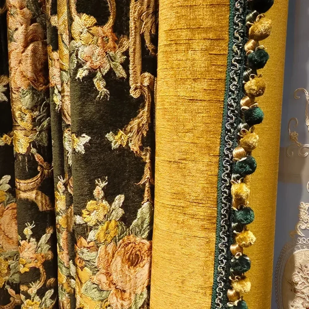 

Curtains For Living Room Bedroom French Window Dark Green Gilded Gold Embroidery Thickened Chenille Patched Villa Window Screen