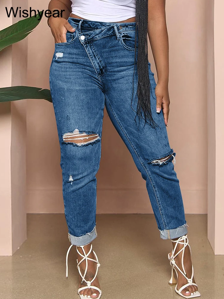 Slanting Button Skinny Jeans Washing Ripped Denim Hole Pencil Pants Slim Pockets High Street Blue Strech Trousers Women Bottoms