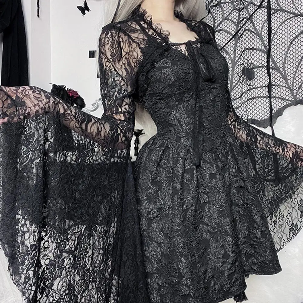 Vintage Gothic Black Lace Blouse Elegant Flared Sleeve Smock Top See Through Sexy Cropped Tops Cardigan Streetwear