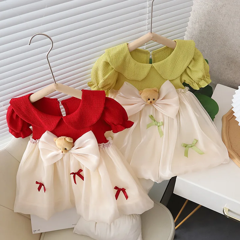 Baby Girl Dress Spring And Autumn Bow Little Bear Mesh Girl Princess Dress Cute Red One Year Old Dress Girl Clothing