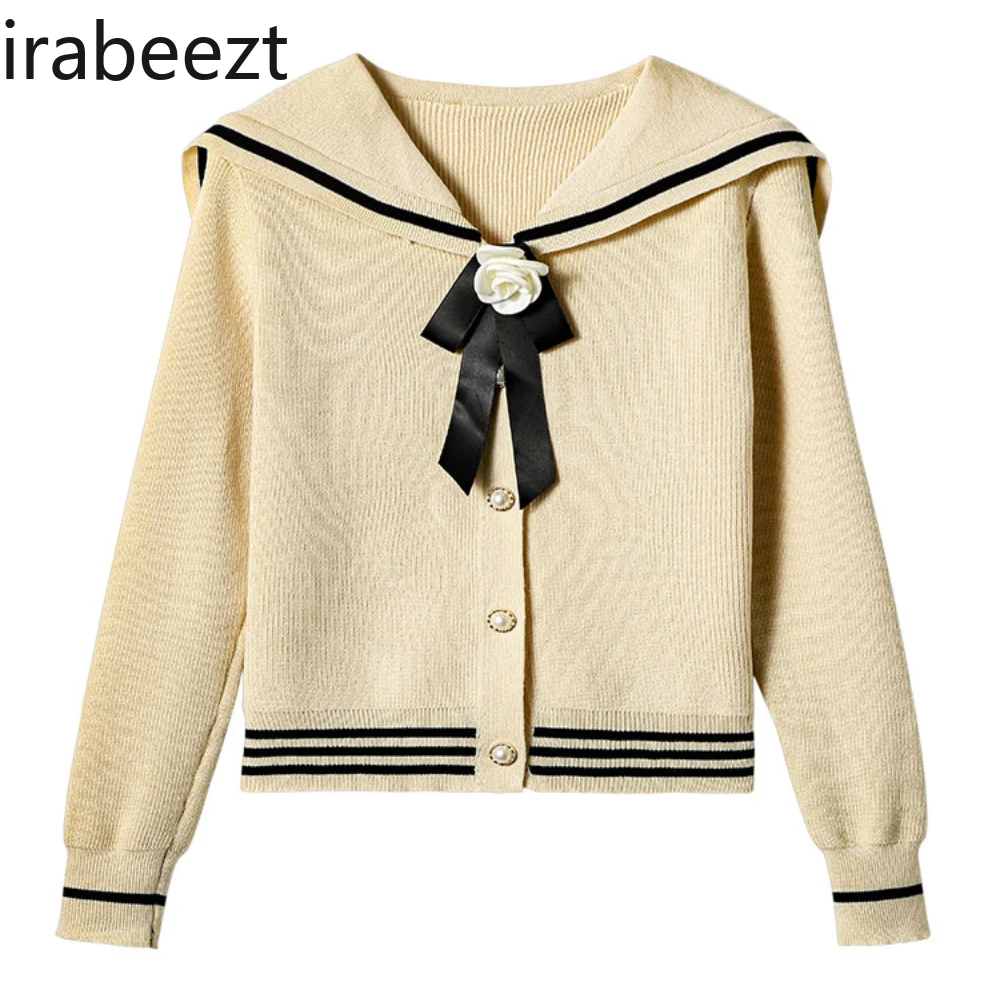 Navy Collar Rose Tie Sweater Women's Autumn and Winter New Bottoming Shirt College Style Slim Womans Long Sleeve Tops