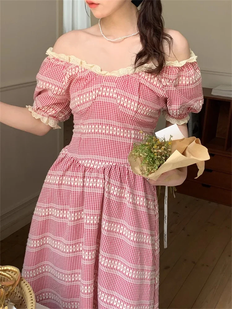 Vintage Printed Dress for Women Summer Retro Short Sleeves Lace Trim Stripy Black Red Plaid Dresses Vestido Midi Talla Grande