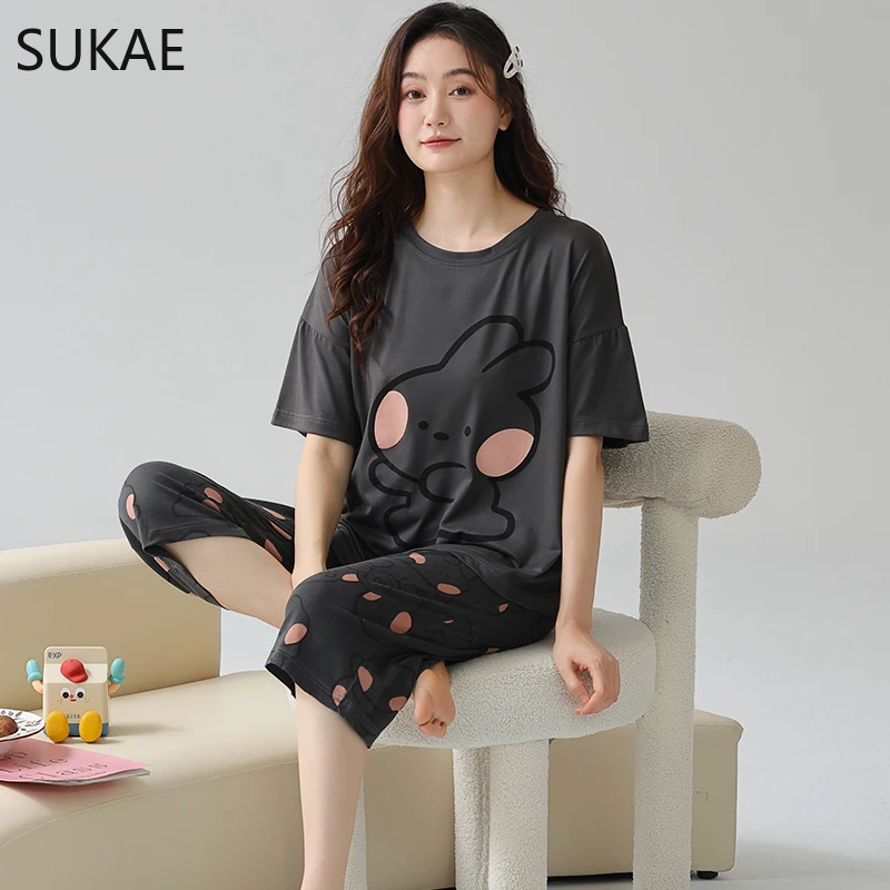 SUKAE M-6XL Big Size Nightwear Calf-length O-Neck Sleepwear Women Faux Cotton Capris Pajama Pijamas for Woman Lady Pajamas Set