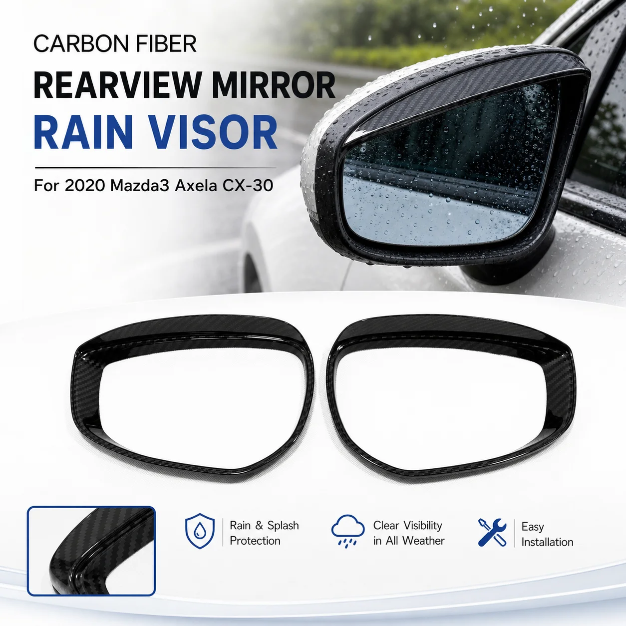 2Pcs Carbon Fiber Rearview Mirror Rain Visor for 2020 Mazda3 Axela CX-30