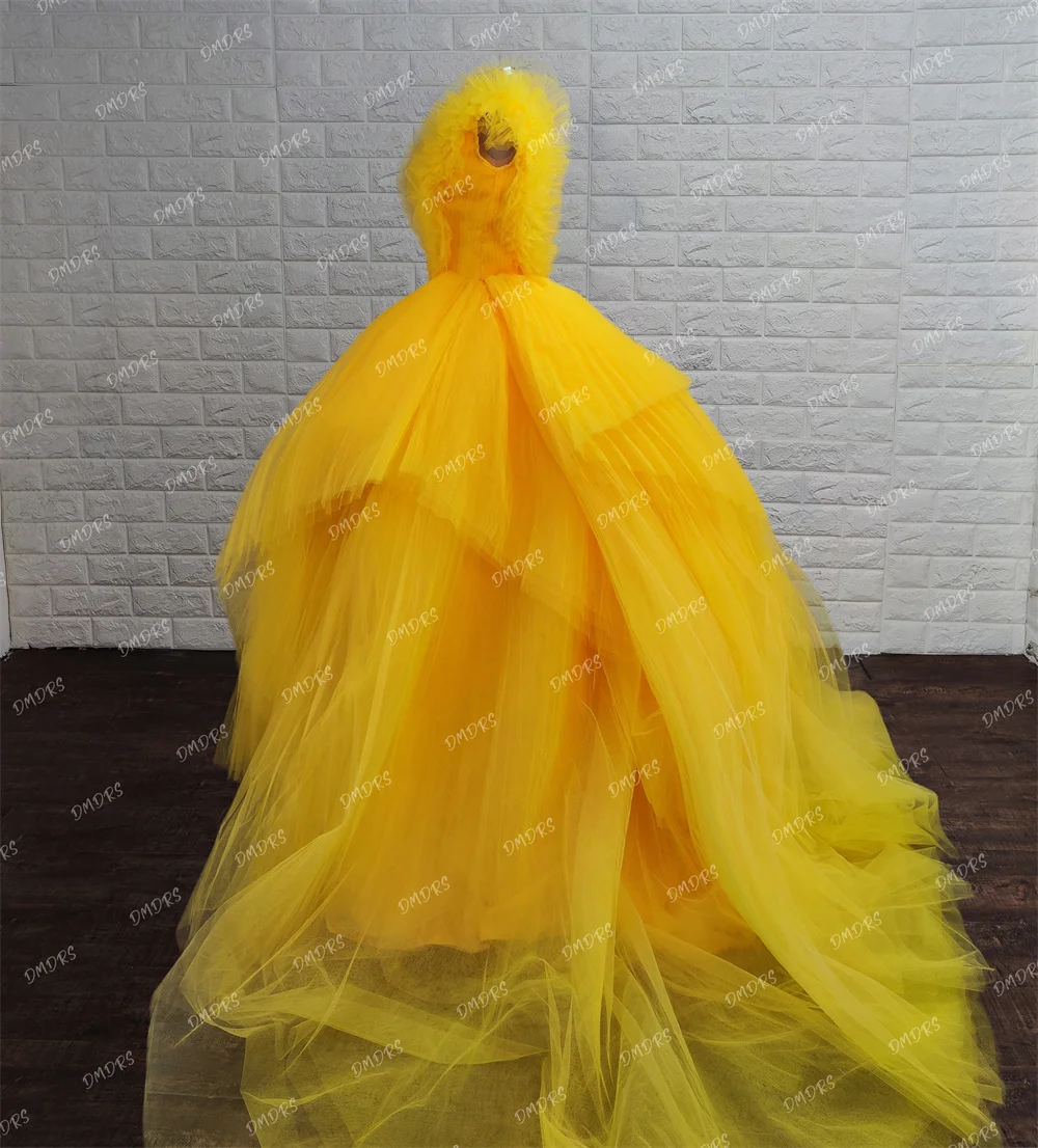 Luxurious Yellow A-line Prom Dress 2024 Graceful Tulle Ball Gown Elegant Charming Floor-length Bride Robe Vestidos De Novia