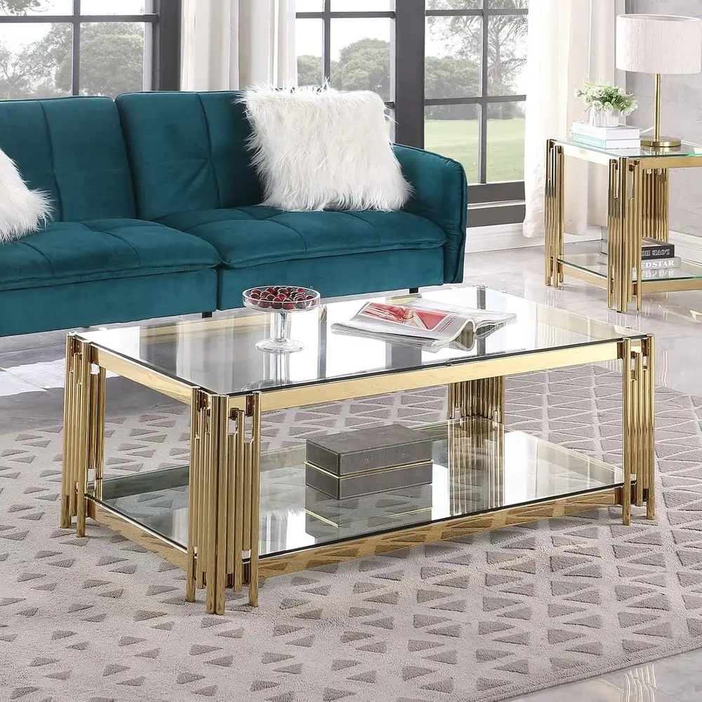 

Elegant 2-Tier Glass Coffee Table with Gold Stainless Steel, Storage Shelves for Living Room or Home Office