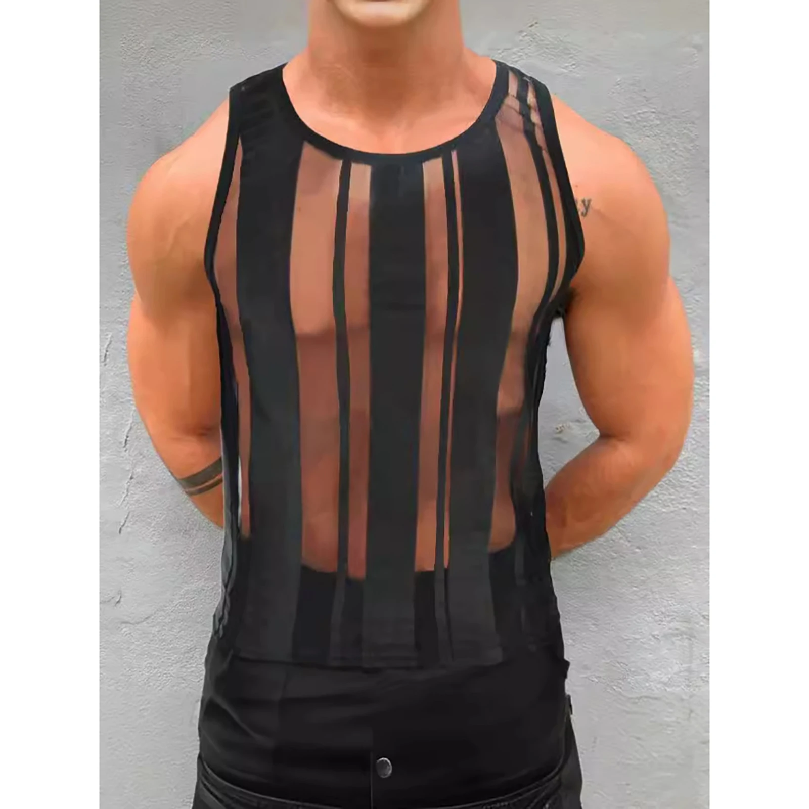 Mens Striped Tank Top Hip-Pop Steampunk Vest See-Through Mesh Sleeveless Tees Shirt Music Festival Nightclub Dress Up Costume