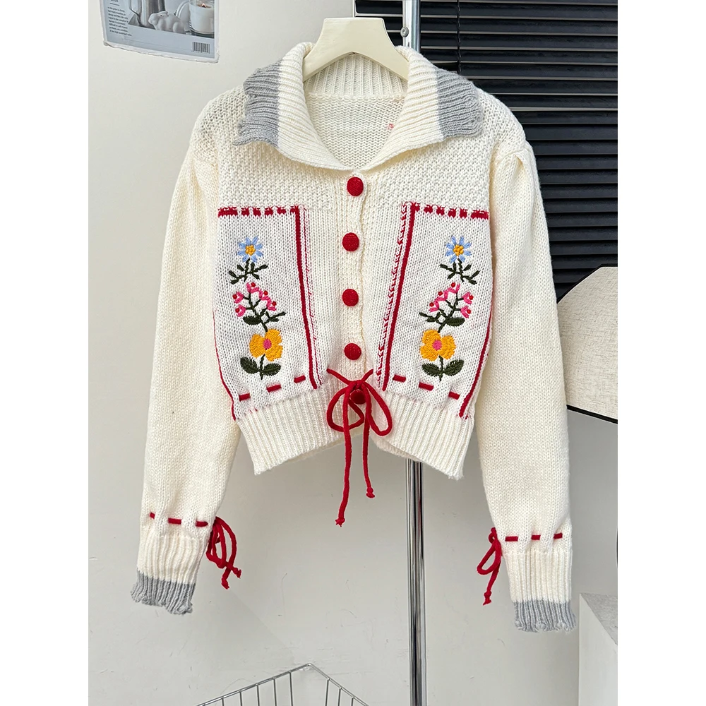 Women Cute Weaters Turn Down Collar Embroidery Floral Long Sleeve One Breasted Cardigan Coat Autumn Winter Warm Knitted Jackets