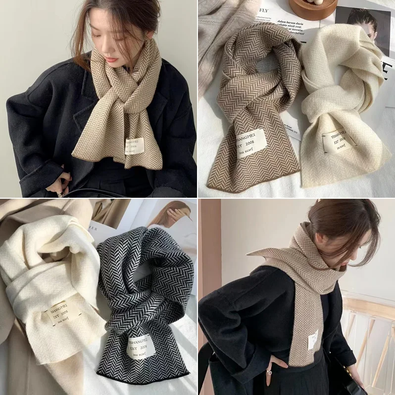 Women Winter Scarves High Quality Knitted Scarf Korean Style White Vintage Stripe Pattern Scarves Winter Outdoor Warm Scarves