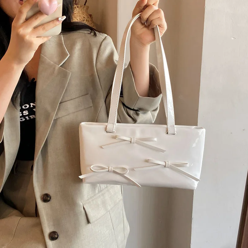 HAEX Fashion Handbags Women 2024 New Design Patent Leather Bow Elegant Underarm Shoulder Bags Luxury Y2K Silver Bolso Mujer