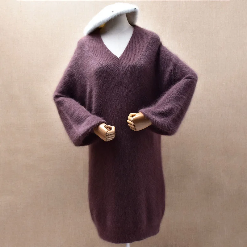 

Ladies Women Autumn Winter Thick Warm Angora Rabbit Hair Knitted V-Neck Long Lantern Sleeves Loose Long Sweater Jumper Dress Top