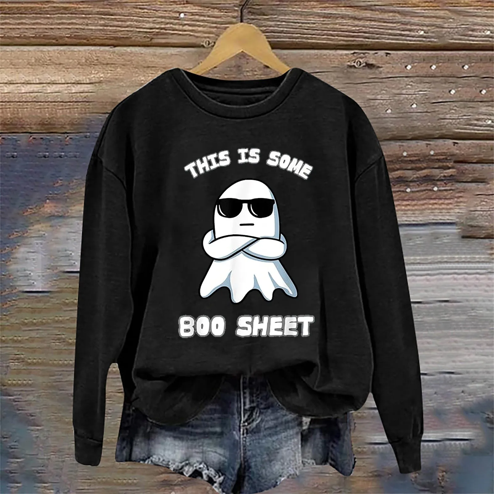 Halloween Sweatshirts For Women Fashion Long Sleeve Crew Neck Cute Lazy Sweatshirts Letter Ghost Print Street Halloween Clothes