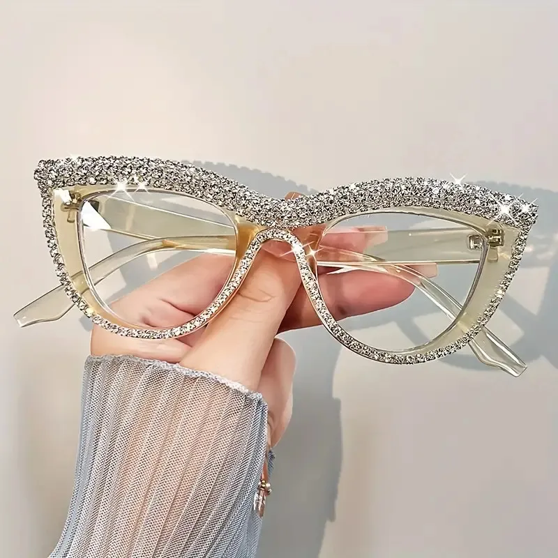 Women's Elegant Cat Eye Glasses Frame with Rhinestone Embellishments For Famale Anti-blue Light Personalized Flat Lens Glasses