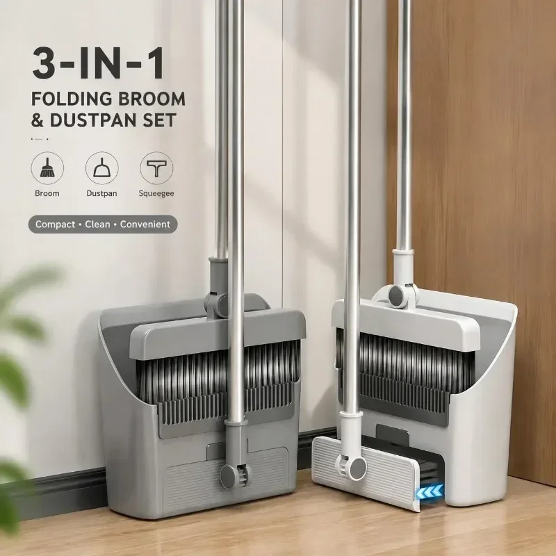 3 In 1 Broom Dustpan Set 180° Rotatable Floor Sweeper with Built-in Hair Scraper for Kitchen Bathroom Bedroom Home Cleaning