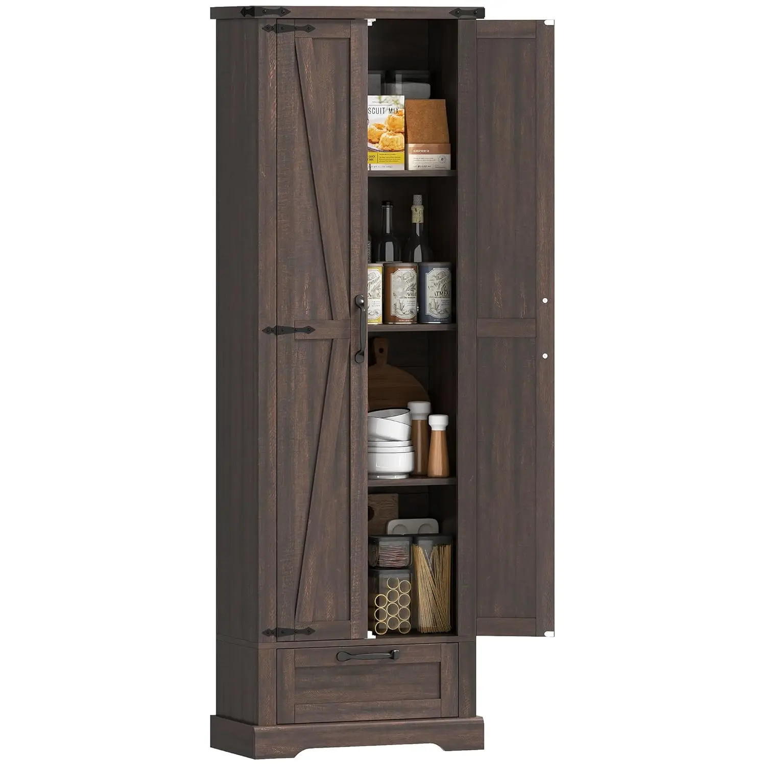 #￥71" Tall Kitchen Pantry, Farmhouse Storage Cabinet with Barn Doors, Drawer and Adjustable Shelves, Freestanding, Customized