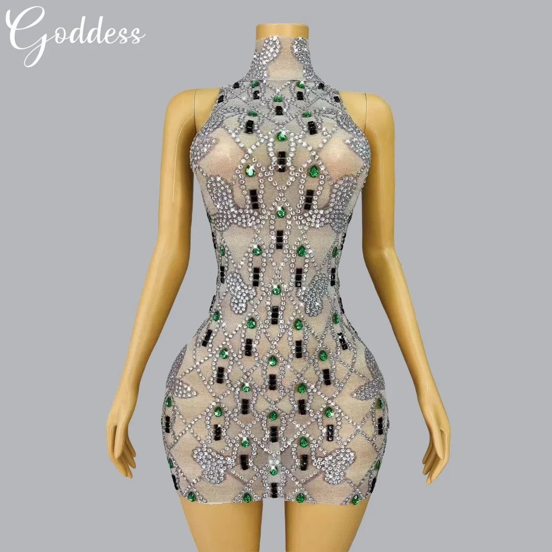 

Shining Rhinestone Sheer Mesh Sexy Hanging Neck Bareback Banquet Short Evening Dress Bar Birthday Dance Hot Dance Short Skirt