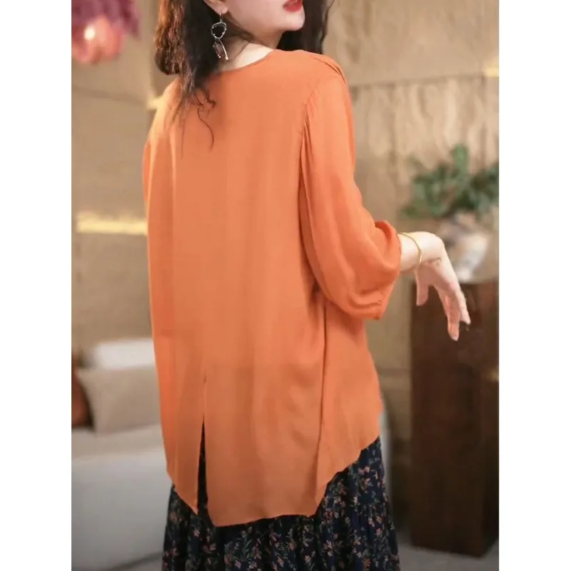 2025年 薄手 ゆったり 多用途 おしゃれな七分袖 丸首シャツ 多用途 無地トップス レディース