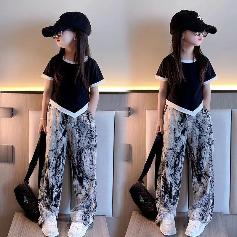 Fashion Girls Clothes Sets Summer Children Short Sleeve T-shirts + Loose Wide Leg Thin Pants 2PCS Kids Clothing 8 10 12 14 Year