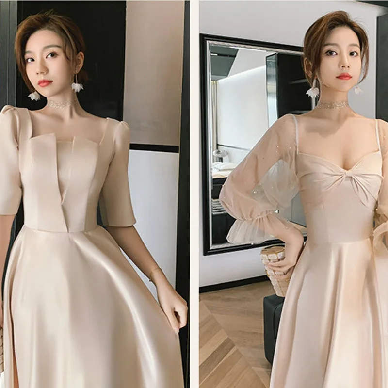 4 Styles Satin Solid Bridesmaid Dress Women Elegant Floor Length Slim Fit Spliced Tulle Puff Sleeve Wedding Party Guest Vestido