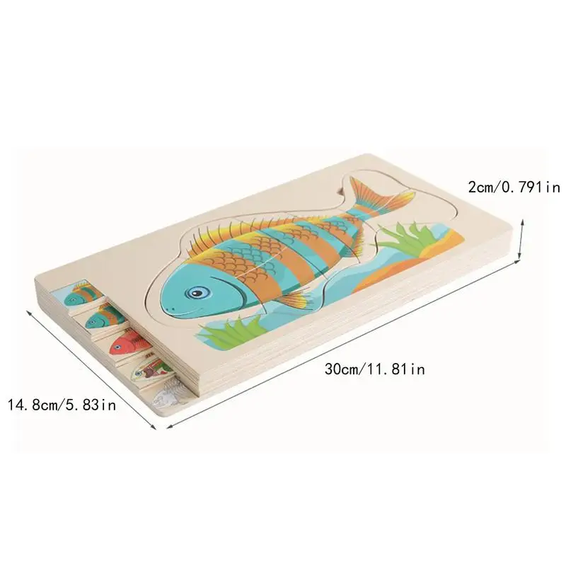 Drewniane Puzzle z rybami Montessori Puzzle dla malucha zabawki edukacyjne Puzzle do nauki gra na prezent dla chłopców i dziewcząt w wieku 3 lat