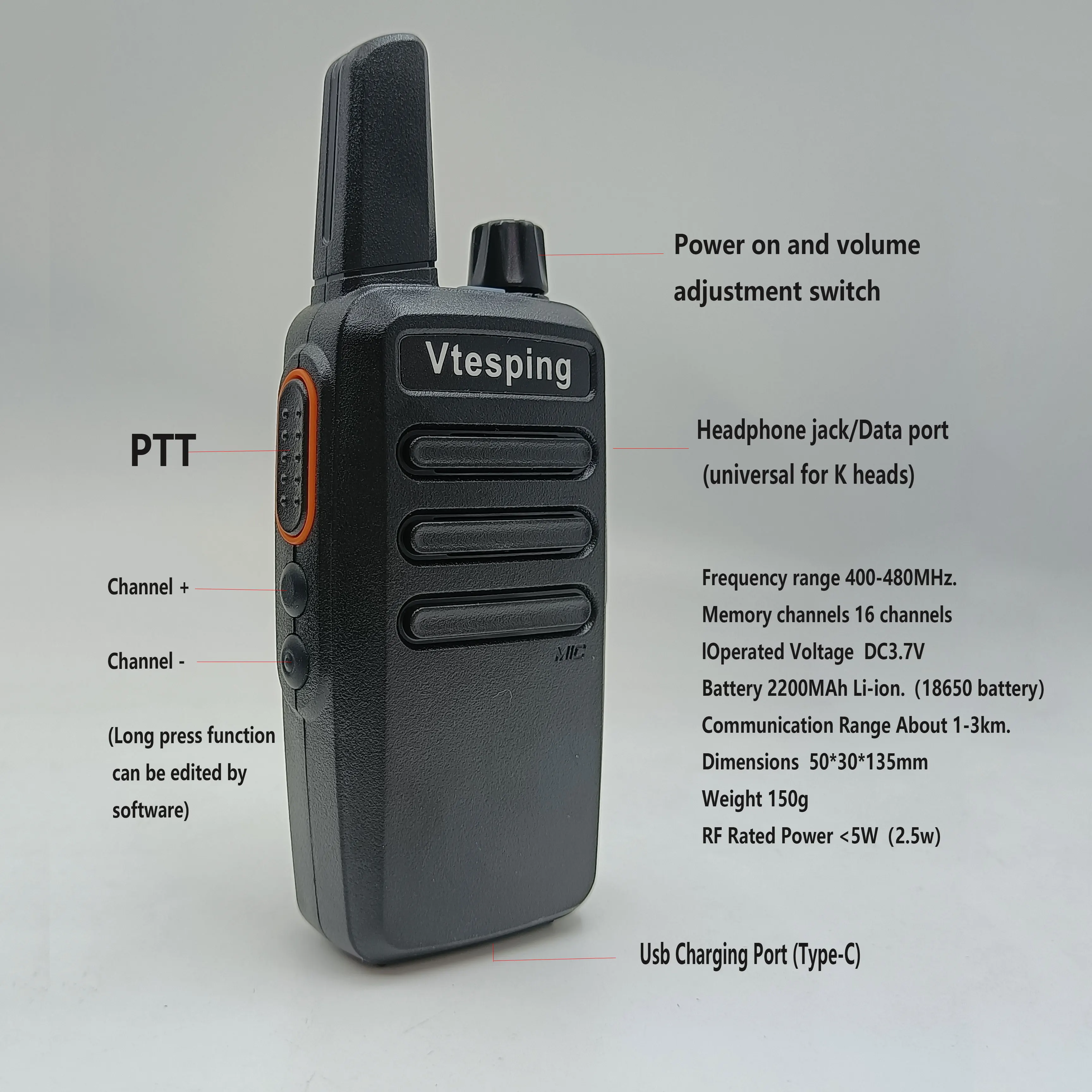 18650 batterij walkie talkie 16ch 3w 400-480mhz Frequentie kopieerfunctie