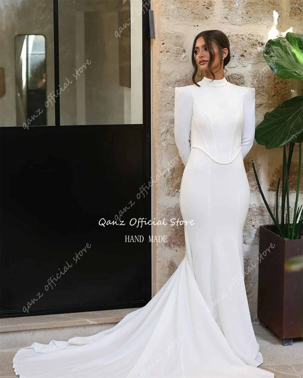 Qanz Satin Minimal Wedding Dresses Long Sleeves High Neck Mermaid Vestido De Novia Boda Civil Customized Robe De Mariee 2025