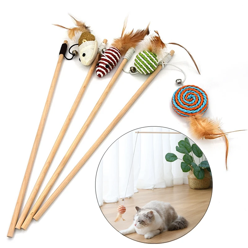 1-10PCS Pet Cat Funny Toys Bell Interactive Cat Teaser ，With Feather  Stick Mice Fish Pet Paper Rope Ball 40CM Wooden Cat Toys