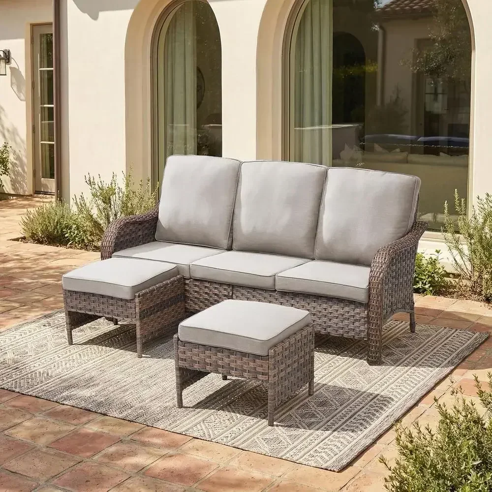 3-Piece Weather-Resistant Wicker Outdoor Sofa Set with 2 Ottomans, Ideal for Patio, Deck, Balcony, and Garden (Beige)