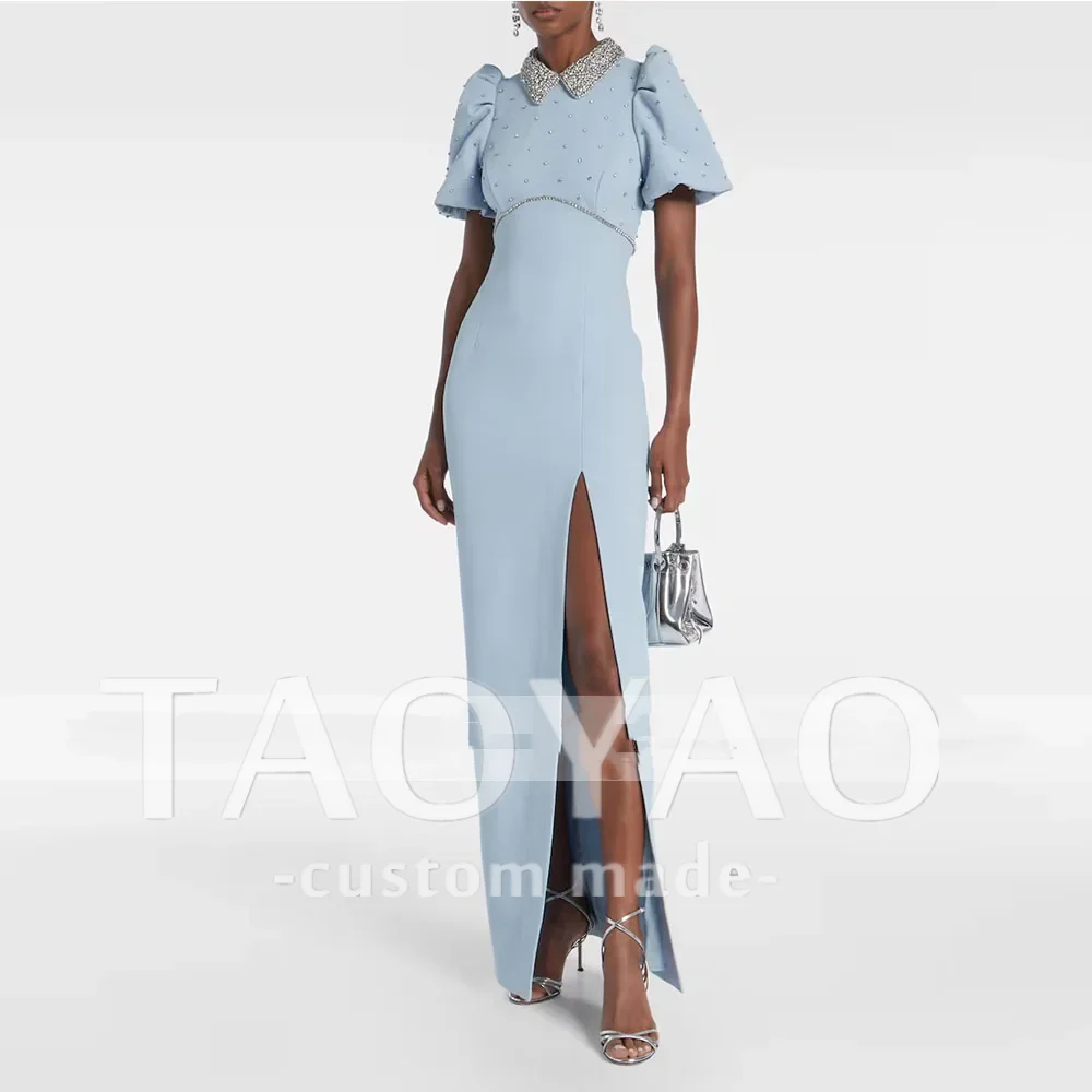 モダンなスカイブルーのイブニングドレス、ウェディング、マーメイド、ビーズ刺繍、パーティードレス、半袖、サイドスリット、プロムドレス、ビーズ刺繍、サウジドレス