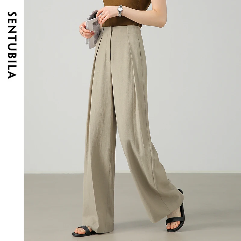 SENTUBILA Texture Linen Pants for Women 2024 Autumn Loose Fit Solid Elastic Waist Folds Comfort Wide Leg Pants 143K57611X