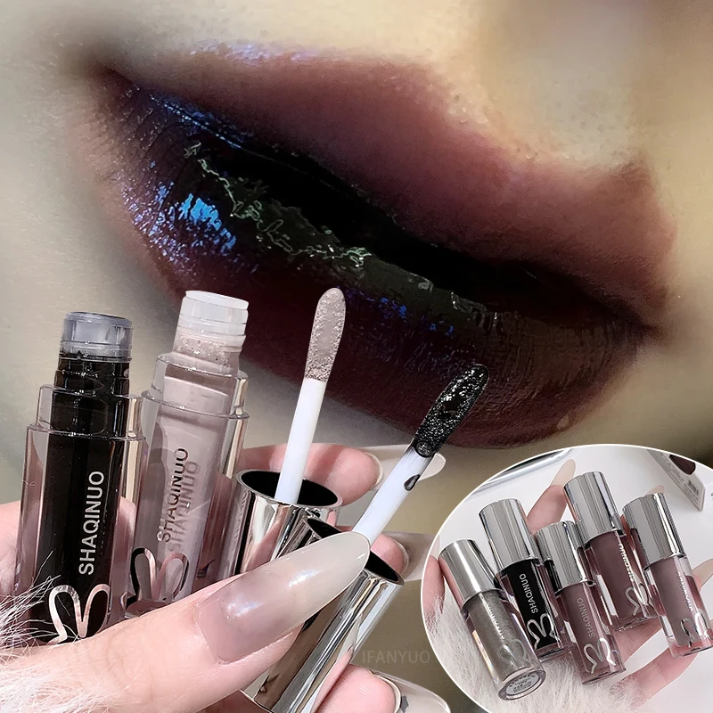 Spiegelnder, wässriger Lipgloss, langanhaltend feuchtigkeitsspendender Lip Tint, cooles Schwarz, Silbergrau, Perlmutt, fein glitzernder Lippenstift, Make-up-Kosmetik – Detail 1