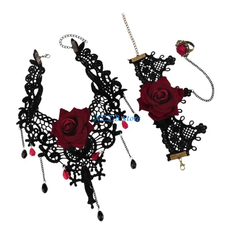 

T21F Lace Choker Necklace Finger Rings Bracelet Set Halloween Costume Accessories