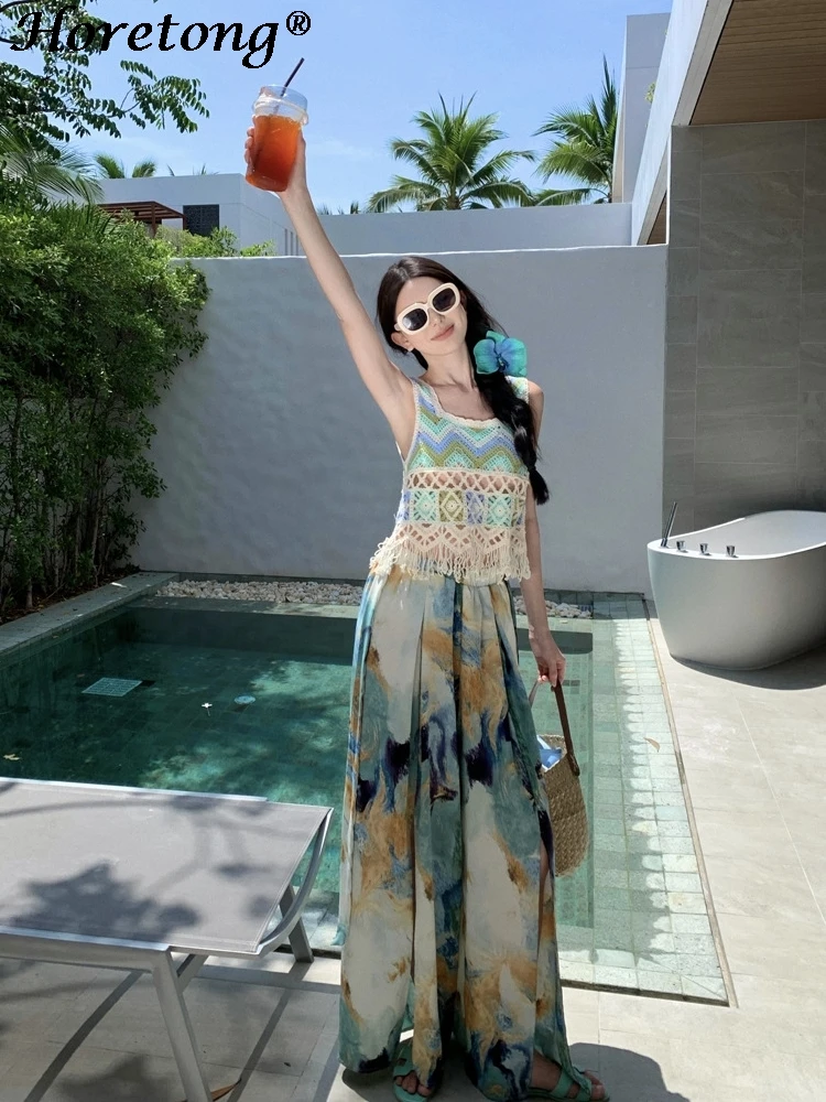 

Women's Vacation 2 Piece Set Colorful Print Knit Hollow Tank Top Split Wide Leg Pants Summer Beach Flowy Lounge Trousers Outfit
