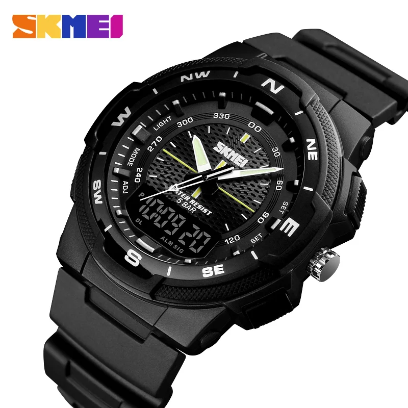 SKMEI 1454  Quartz Watches Double Clock Men Watch Outdoor Sports Electronic Watch Man Military Watches Men PU Strap Wristwatch