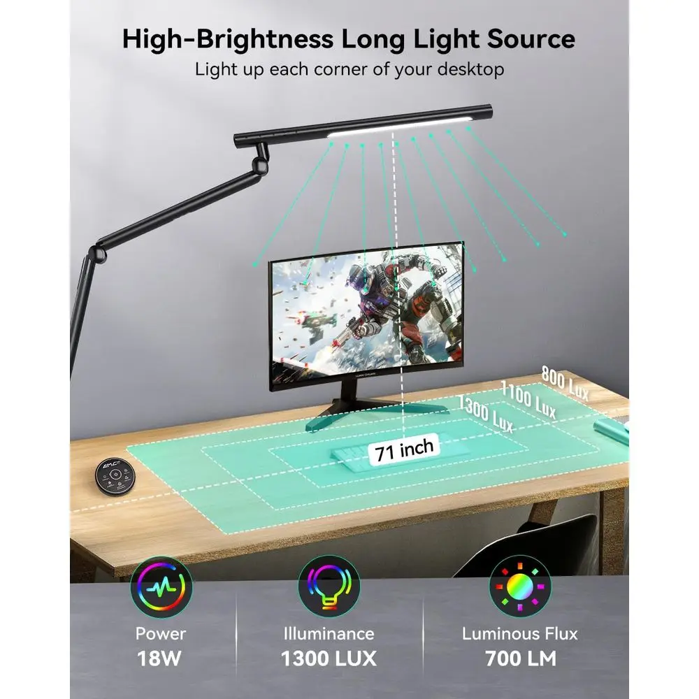 Flexible Clamp LED Desk Lamp, 18W with Dual RGB Lighting, 3-Section Arm, Remote & Sensor, Stepless Dimming, 4 Modes & 5 Brightne