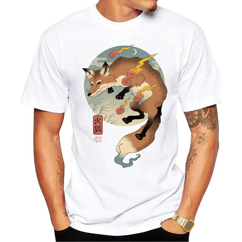 TEEHUB Hipster Fire Fox Ukiyo-e Men T-Shirt Fashion Fire Fox Printed Tee Short Sleeve Casual Tshirts Funny Tee