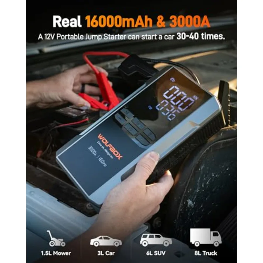 Rozrusznik samochodowy 3000A z kompresorem powietrza 16000mAh 160PSI Przenośny rozrucharka akumulatora samochodowego z szybkim ładowaniem 65W 12V