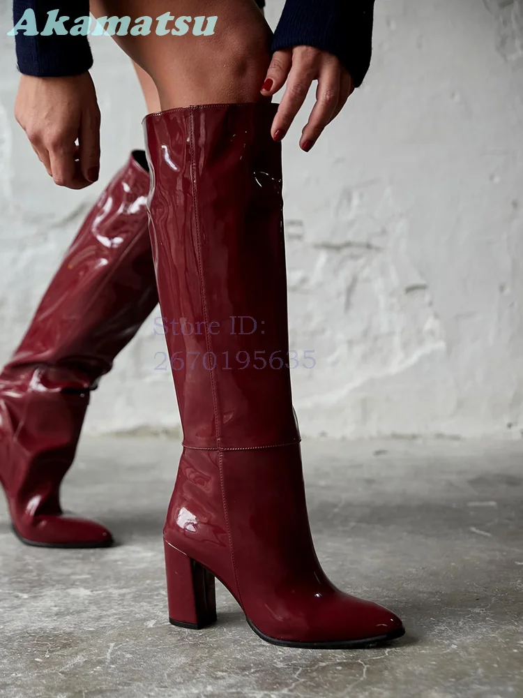 Burgundy Patent Leather Knee High Boots Pointed Toe Side Zipper Block Mid Heel Modern Boots 2026 New Fashion Dress Women Shoes