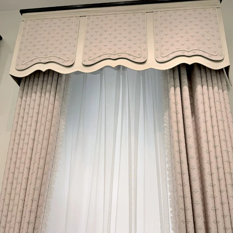New French Retro Relief Powder Chenille Jacquard Lace Curtains for Living Room Bedroom French Window Customized Villa Valance