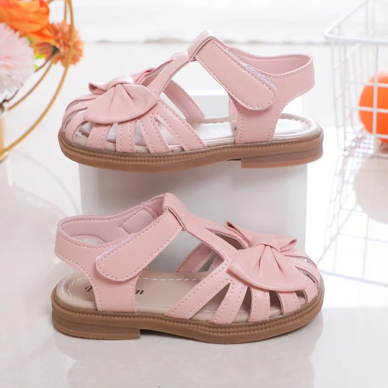 Cute Girls Sandals Bow Peep-toe 2024 New Soft Hook & Loop Beige Kids Princess Shoes Casual Shoes PU Cute Children Shoes Non-slip