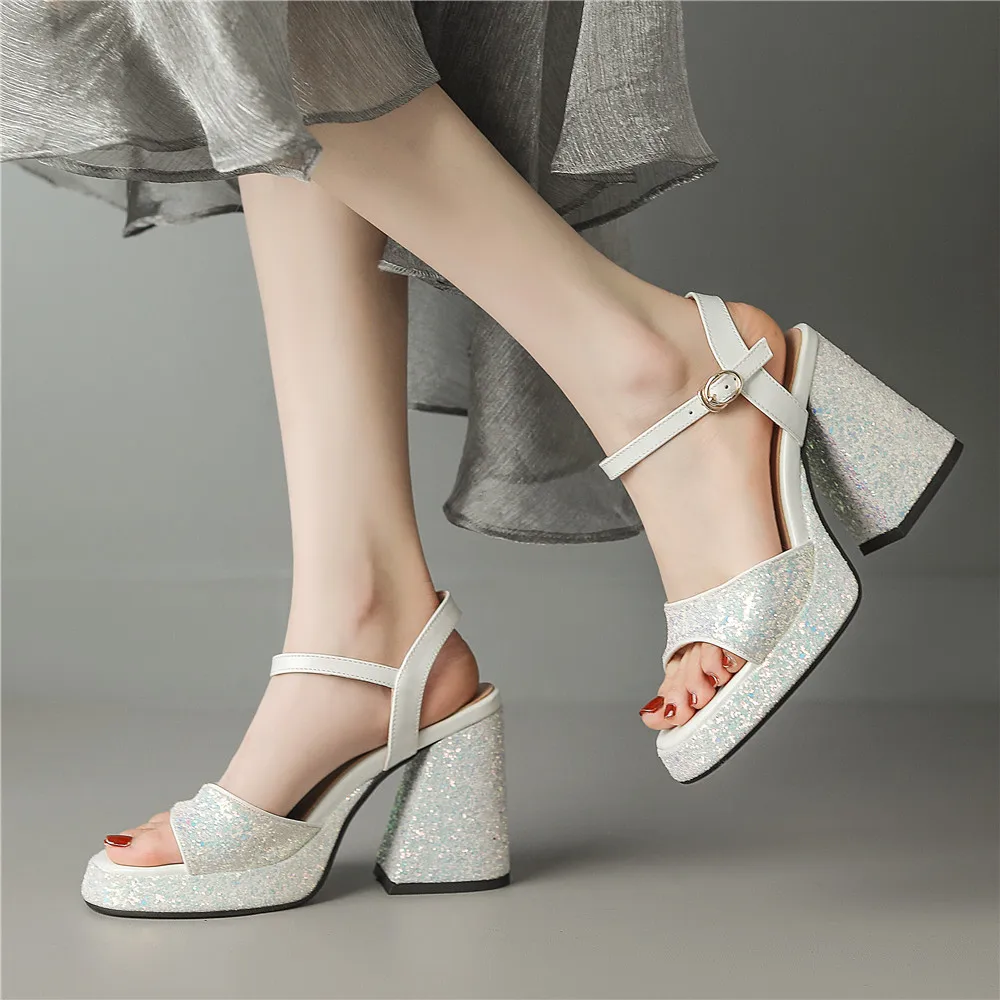 Spring Summer Women Sandals Shiny Sequin Cloth Fashion All Match Square High Heel Platform Wedding Party Shoes Ladies Sandalias