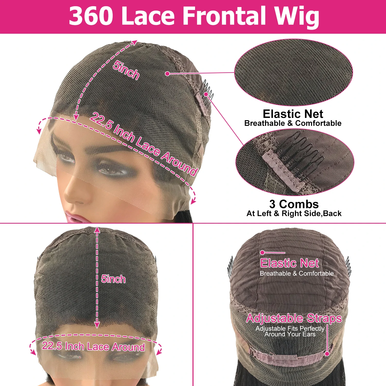 Luxuoso longo em linha reta 100% cabelo humano virgem brasileiro 360 peruca frontal do laço completo pré arrancado natural peruca de cabelo humano