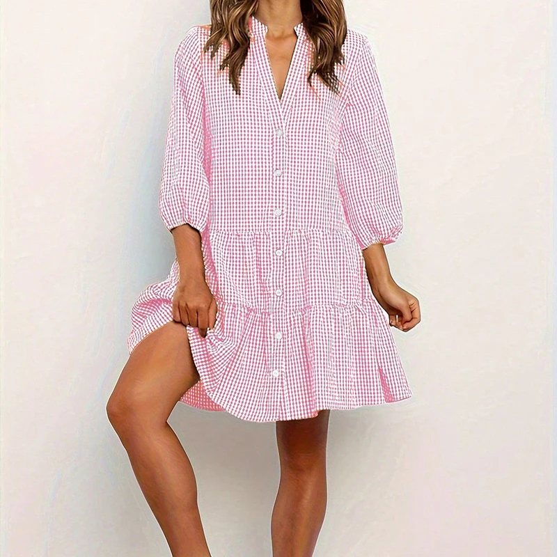 Mini abito da spiaggia estivo da donna elegante Abito estivo scozzese azzurro con bottoni Abiti corti con orlo arricciato per le vacanze casual