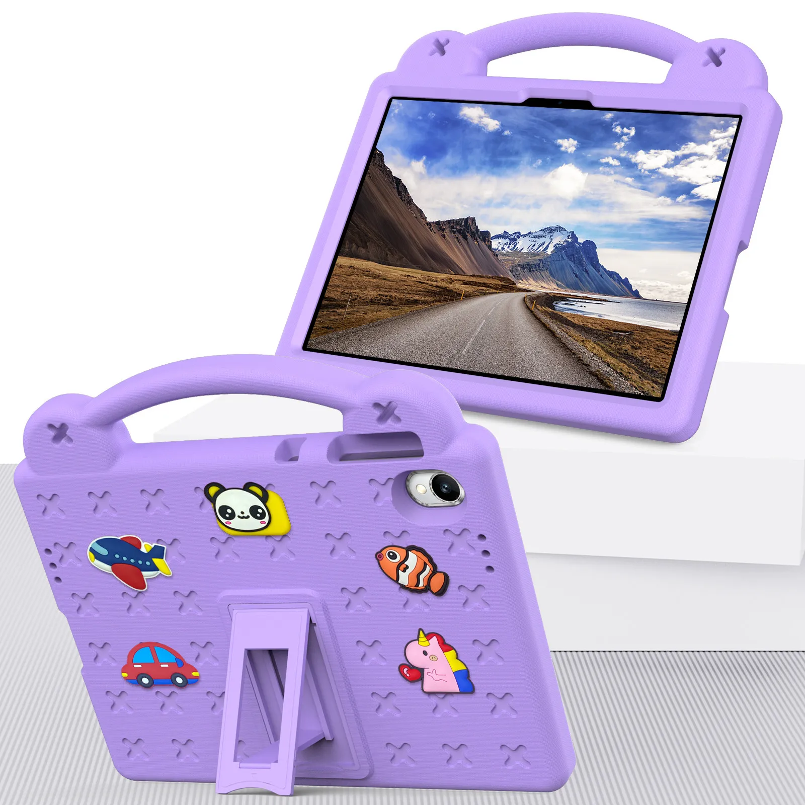 For Walmart Onn 11 inch Core Tablet (2026) Case Kids Cartoon Patterns Hand Grip Kickstand Tablet EVA Cover - Purple