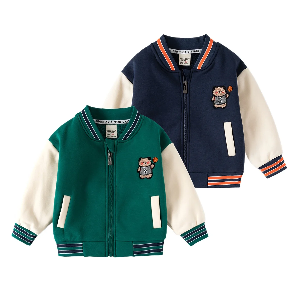 Boys' Colorblock Striped Cartoon Embroidered Cardigan Baseball Jacket Autumn Fleece-Lined Thick Sweatshirt for Kids 2-7 Years