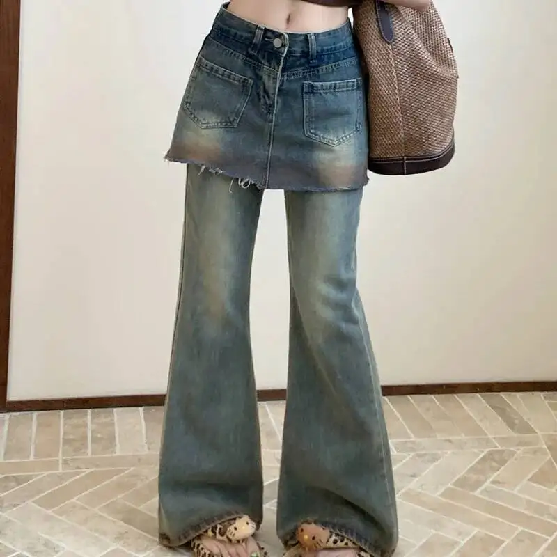 ANJY automne nouvelle femme Chic jean évasé faux deux pièces poches bavure américain rétro en détresse Ins élégant Y2K pantalons décontractés A8708