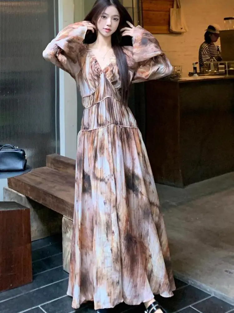 

Spring Autumn Women Vacation Boho Two Piece Set Brown Print V Neck Elegant Flared Long Sleeve Tops And High Waist Pleated Skirts