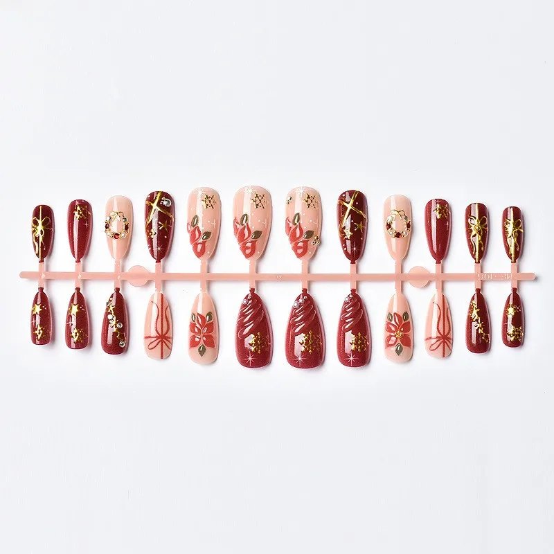 24 pièces 3D Relief presse sur ongles fleurs flocon de neige nœud de noël étoile perle acrylique faux ongles armure Festive Nail Art pour les femmes