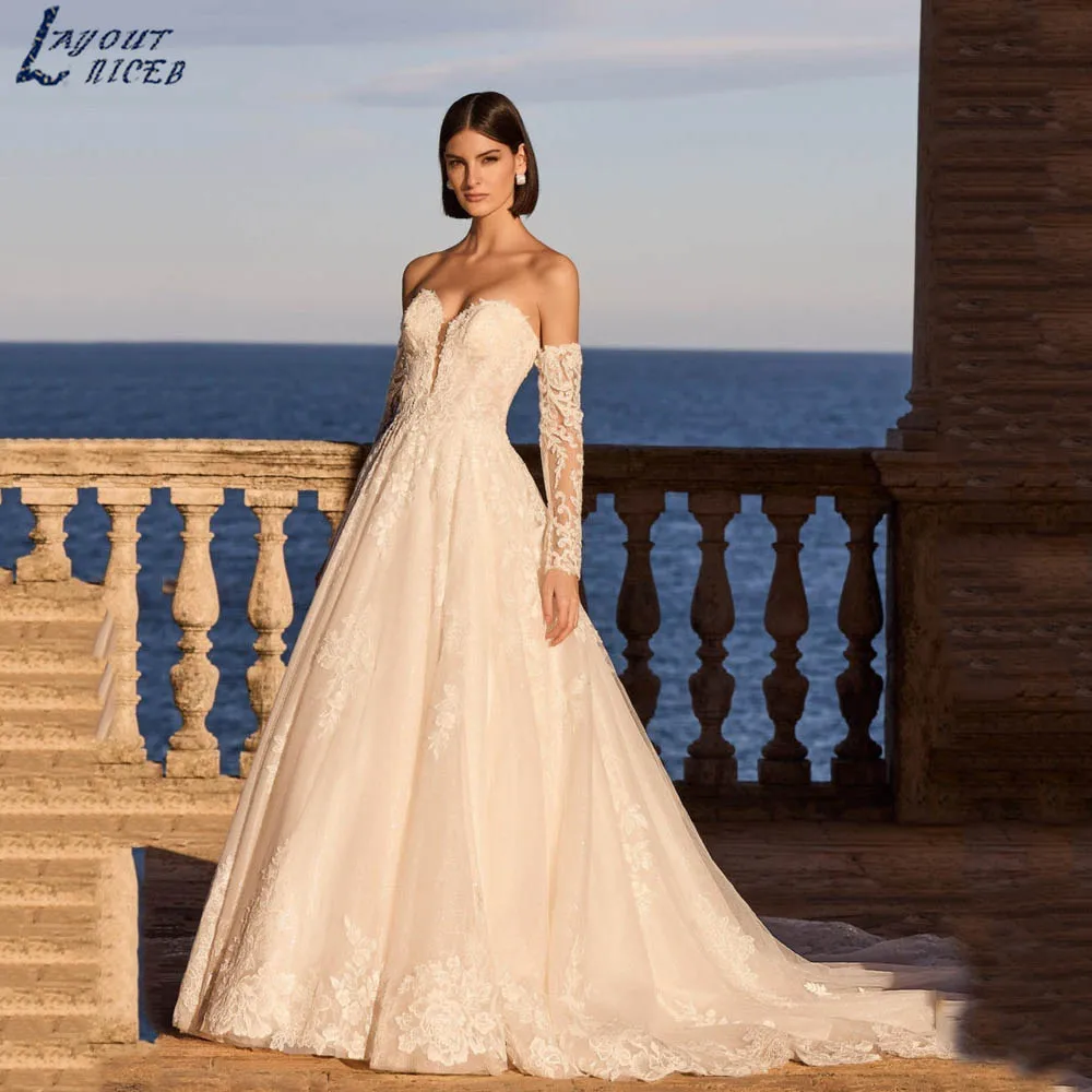 

Strapless Lace Ballgown Wedding Dress Luxury Detachable 3/4 Sleeves A-line Bride Gown Backless Tulle vestido de novia Customized